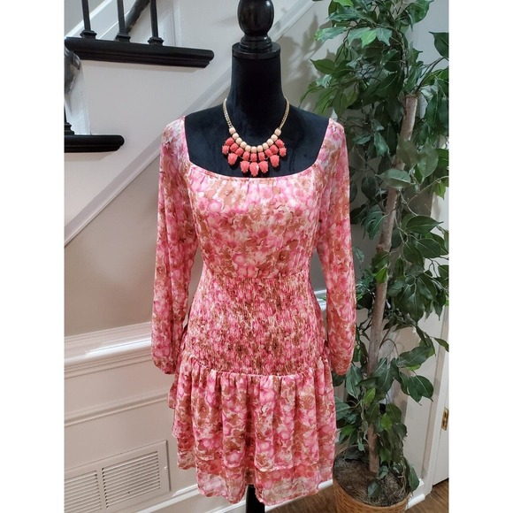 Vero Moda Women Pink Floral Polyester Scoop Neck Long Sleeve Knee Length Dress L - Picture 1 of 14